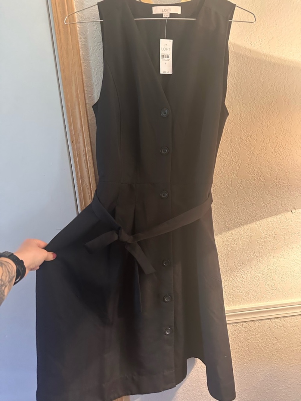 LOFT Black Sleeveless Button-Front Tie-Waist Midi Dress